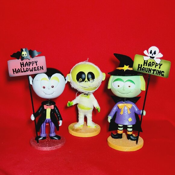 Halloween Figurines Witch Dracula Mummy Bobble Head Spring Set of 3 - Picture 1 of 12